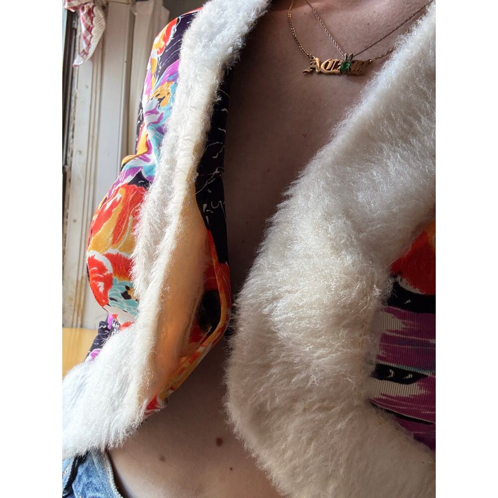 Vintage 70s Floral Faux Fur Trim Cropped Jacket | Disco Glam Bolero | M - Picture 9 of 13